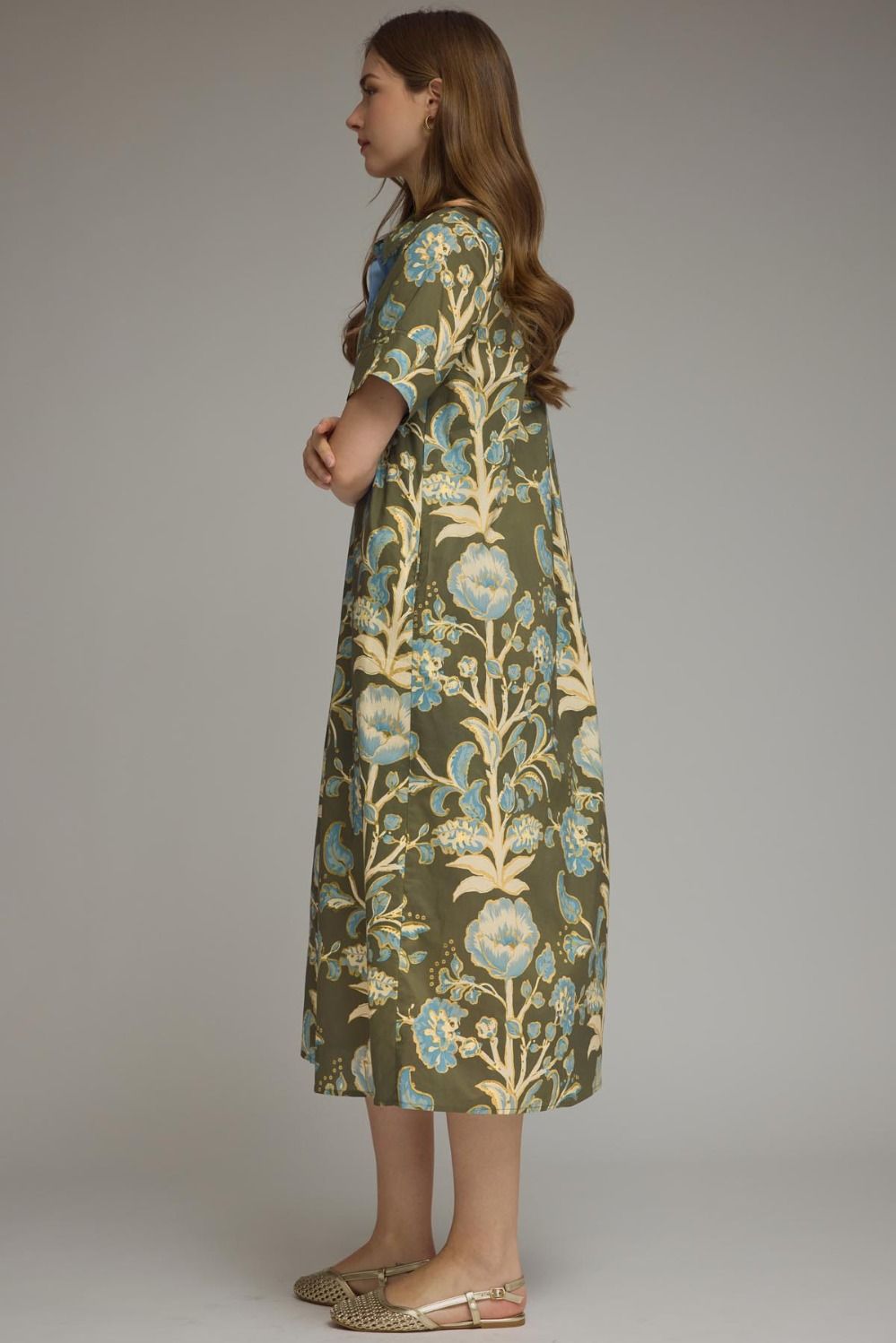 Floral Olive/Blue Midi Dress