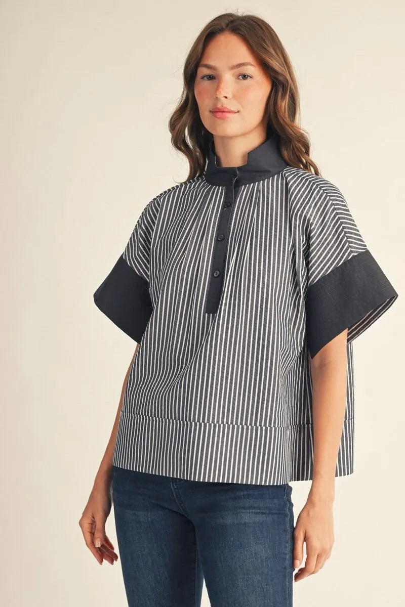 Navy Button Down with Vertical Stripe