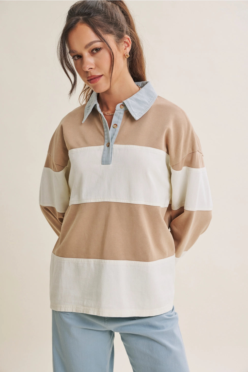 Classic Rubgy Striped Top Latte/Denim