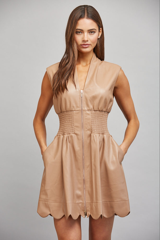 Faux Leather Latte Sleeveless Zip Dress