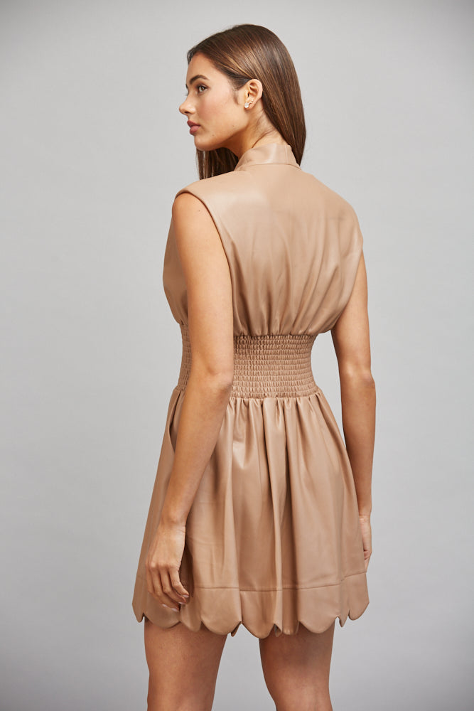 Faux Leather Latte Sleeveless Zip Dress