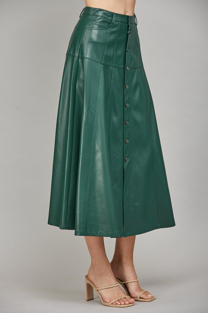 Faux Leather Button Front A-Line Midi Skirt