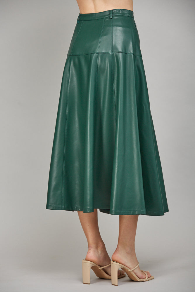 Faux Leather Button Front A-Line Midi Skirt