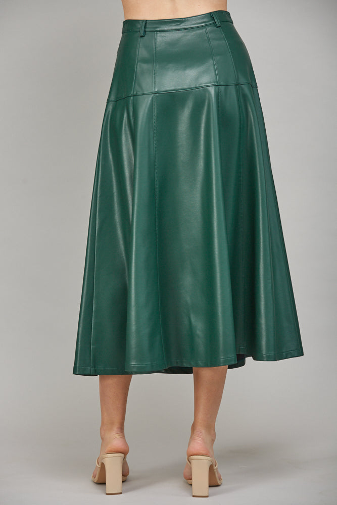 Faux Leather Button Front A-Line Midi Skirt