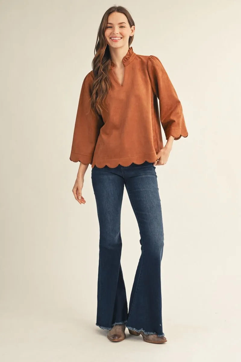 Camel Faux Suede Top with Scallop Edge