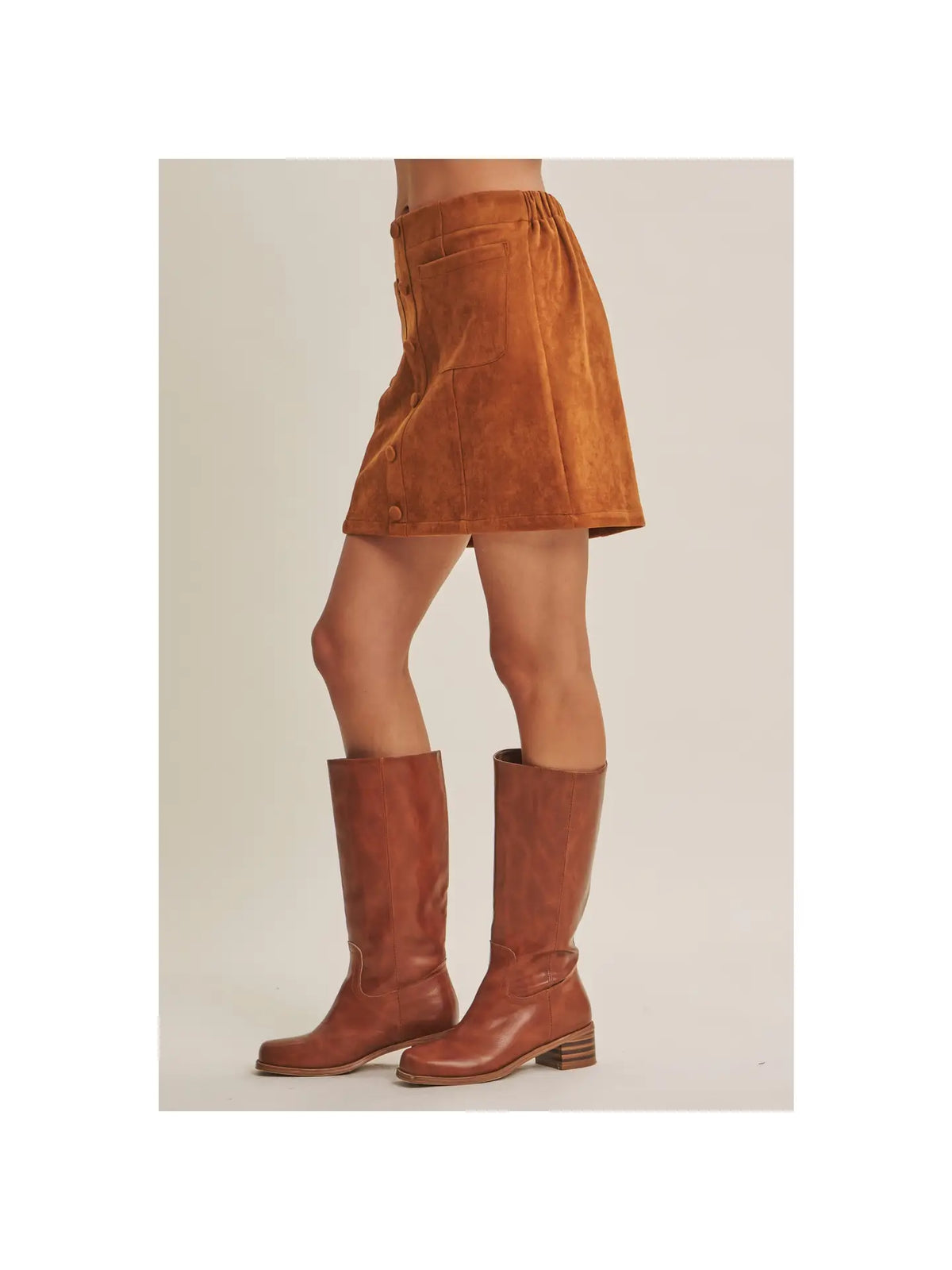 Camel Mini Suede Skirt with Button Detail