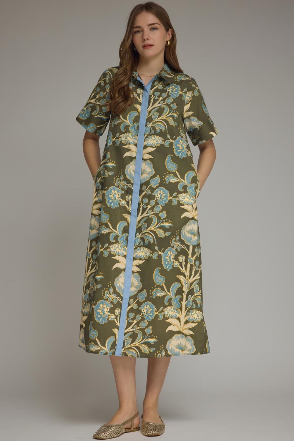 Floral Olive/Blue Midi Dress