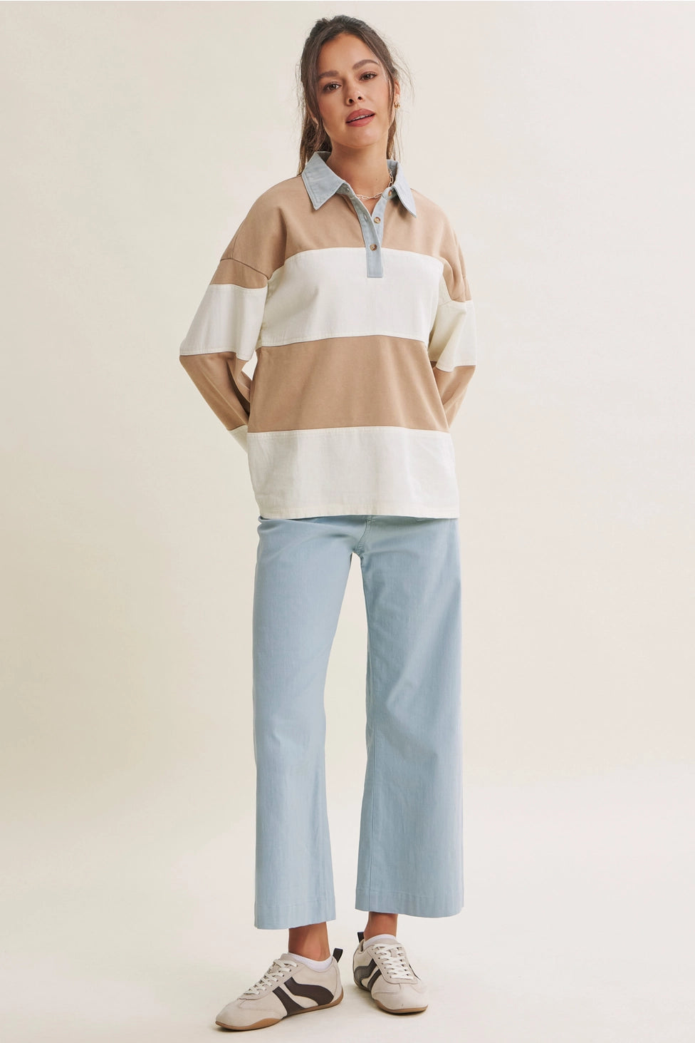 Classic Rubgy Striped Top Latte/Denim