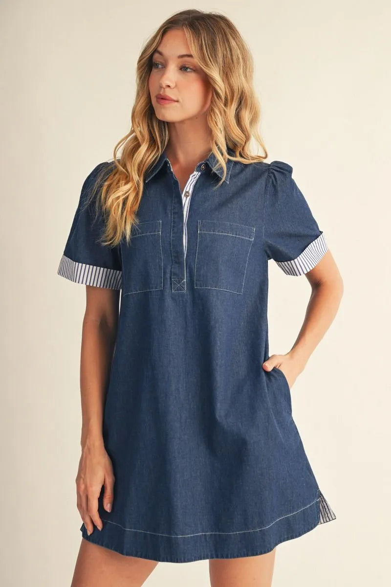 Denim Dress Striped Cuff Sleeve
