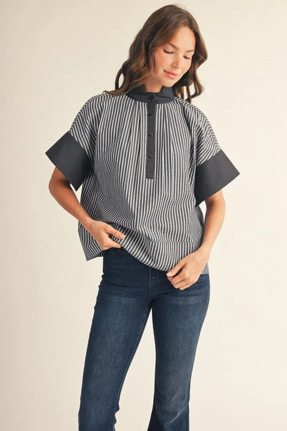 Navy Button Down with Vertical Stripe