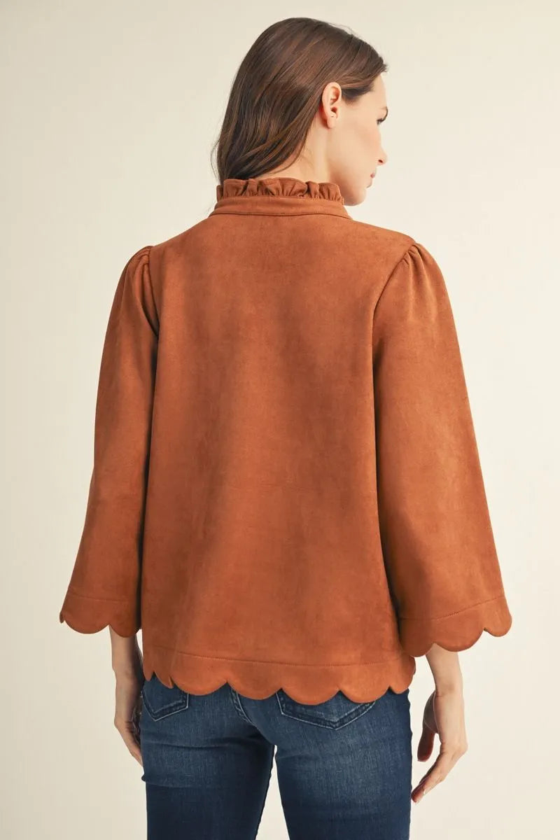 Camel Faux Suede Top with Scallop Edge