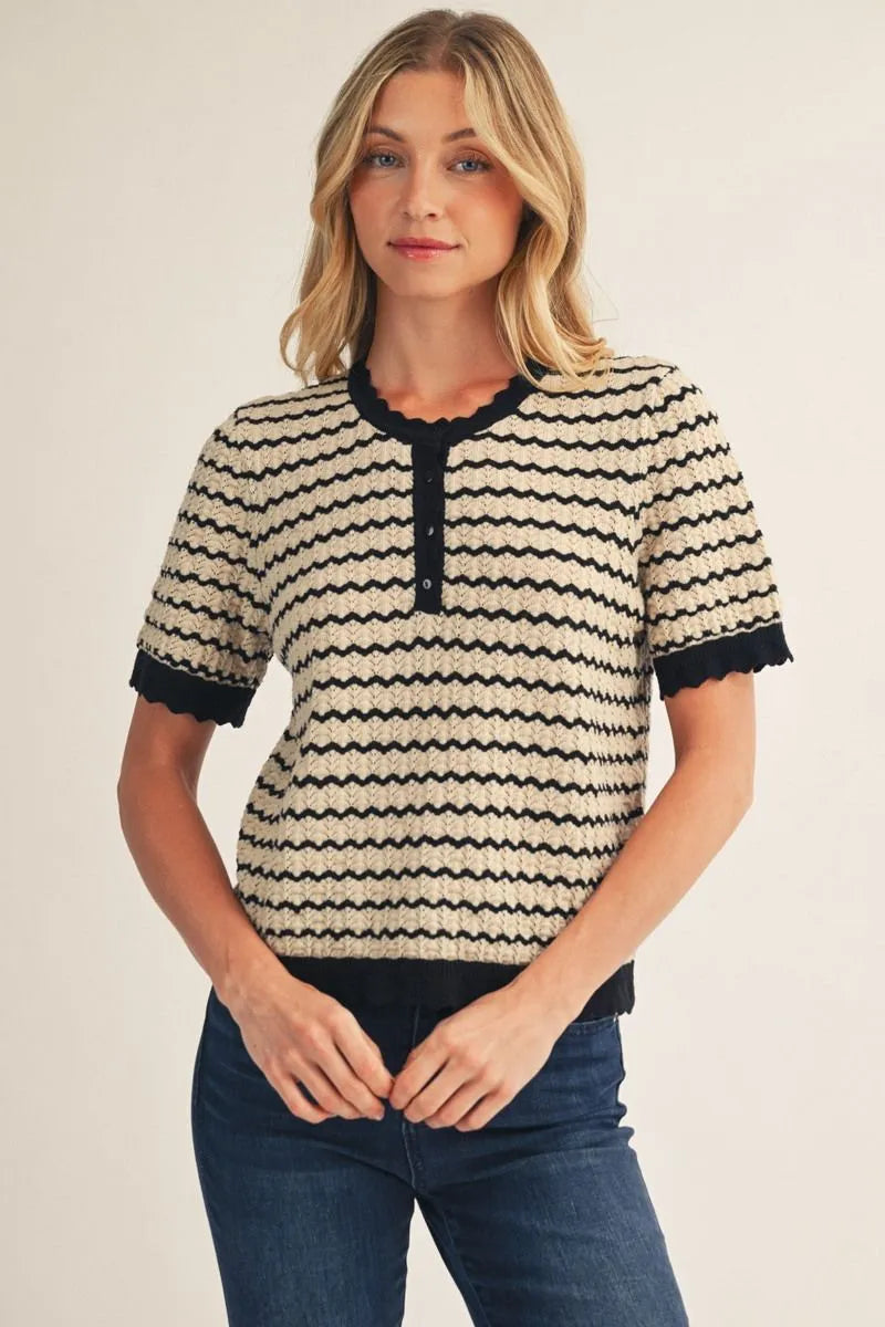 Black/Taupe Short Sleeve Stripe Top