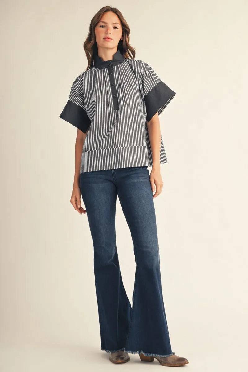 Navy Button Down with Vertical Stripe