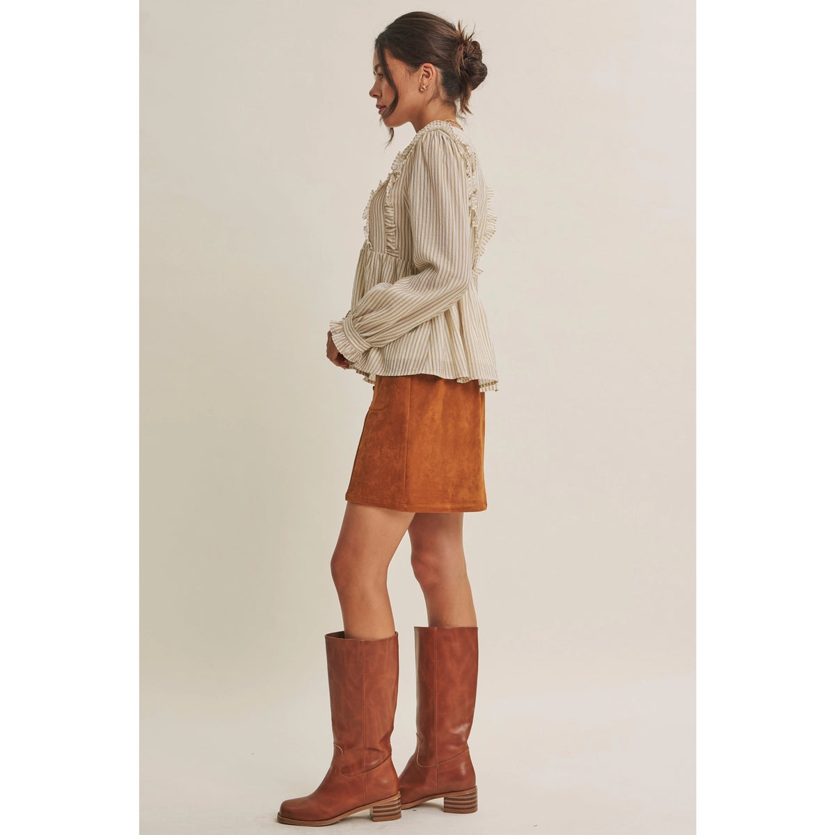 Camel Mini Suede Skirt with Button Detail