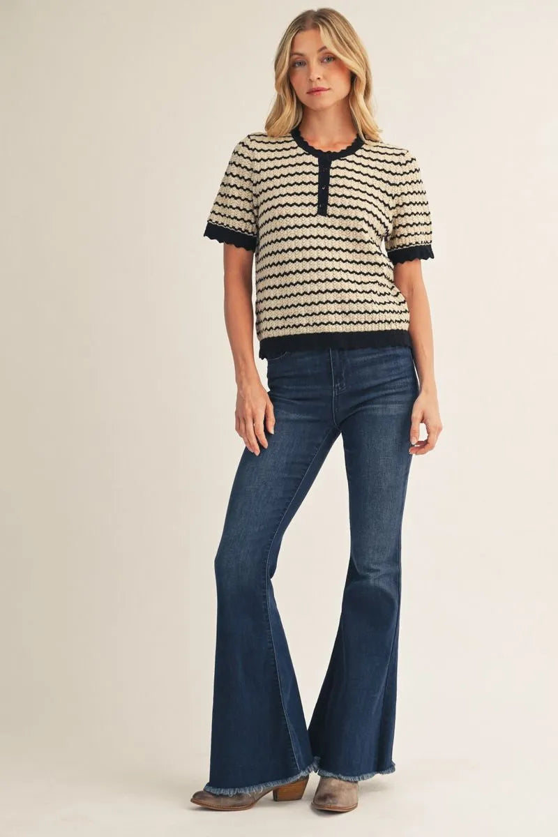 Black/Taupe Short Sleeve Stripe Top