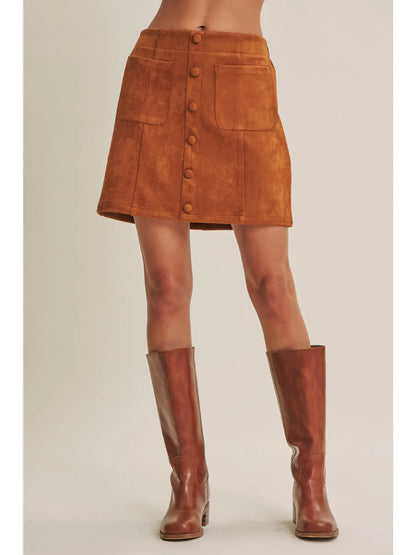 Camel Mini Suede Skirt with Button Detail