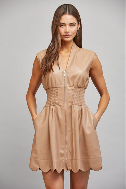 Faux Leather Latte Sleeveless Zip Dress