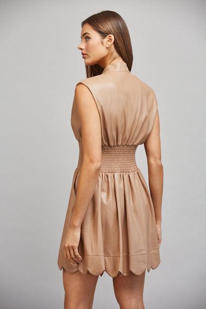 Faux Leather Latte Sleeveless Zip Dress