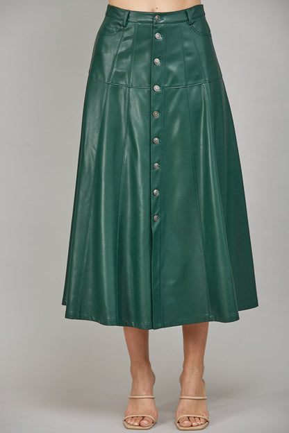 Faux Leather Button Front A-Line Midi Skirt