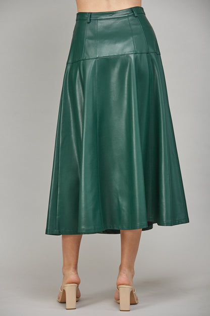 Faux Leather Button Front A-Line Midi Skirt