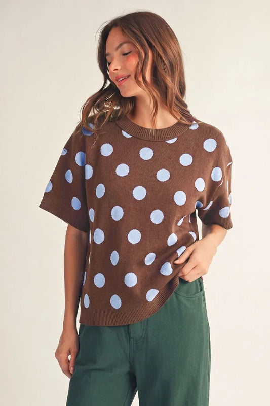 Cocoa & Blue Dot Short Sleeve Sweater