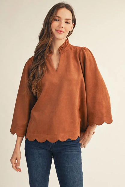 Camel Faux Suede Top with Scallop Edge