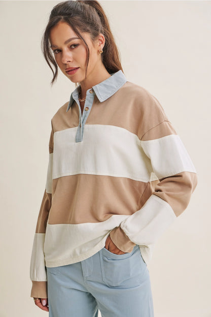 Classic Rubgy Striped Top Latte/Denim