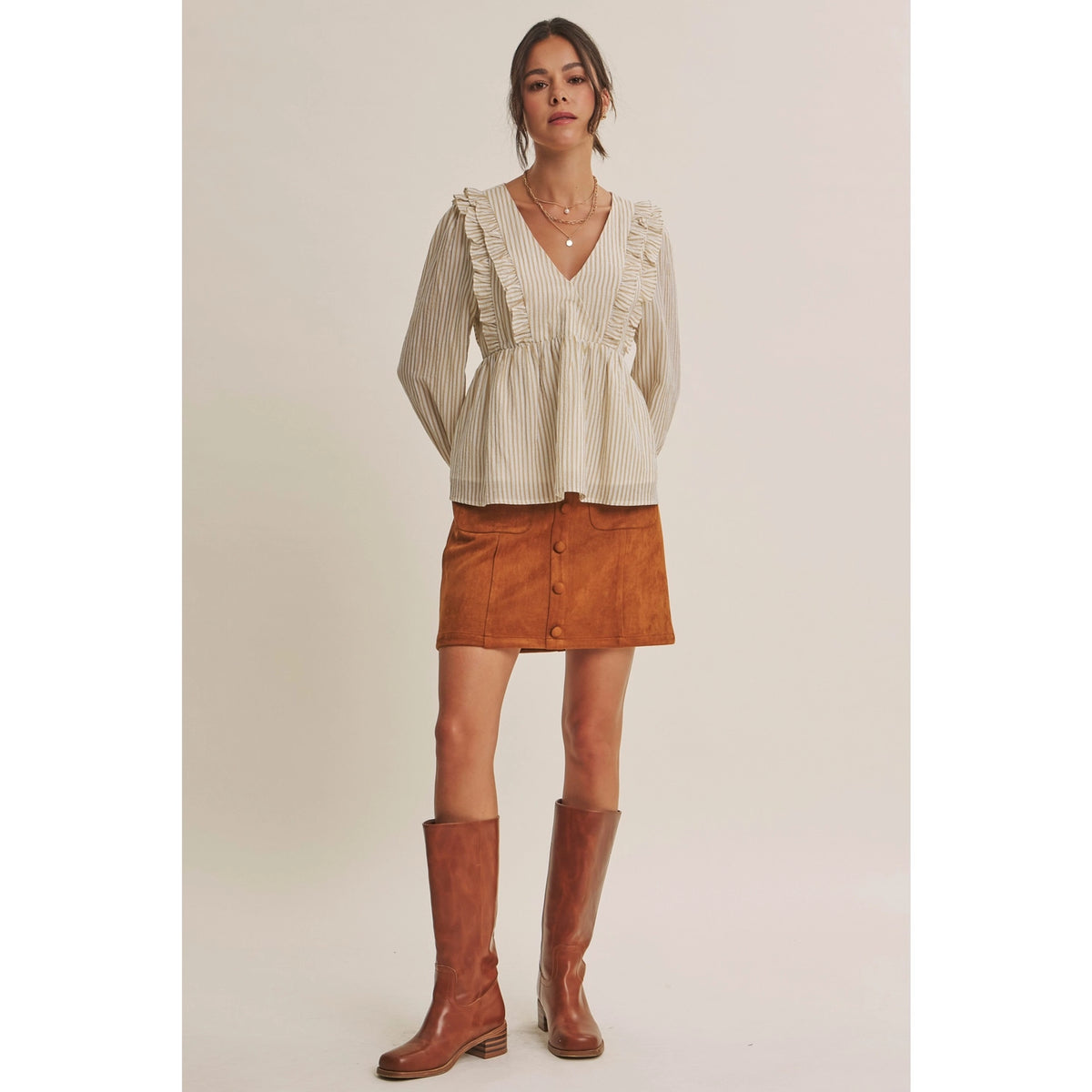 Camel Mini Suede Skirt with Button Detail