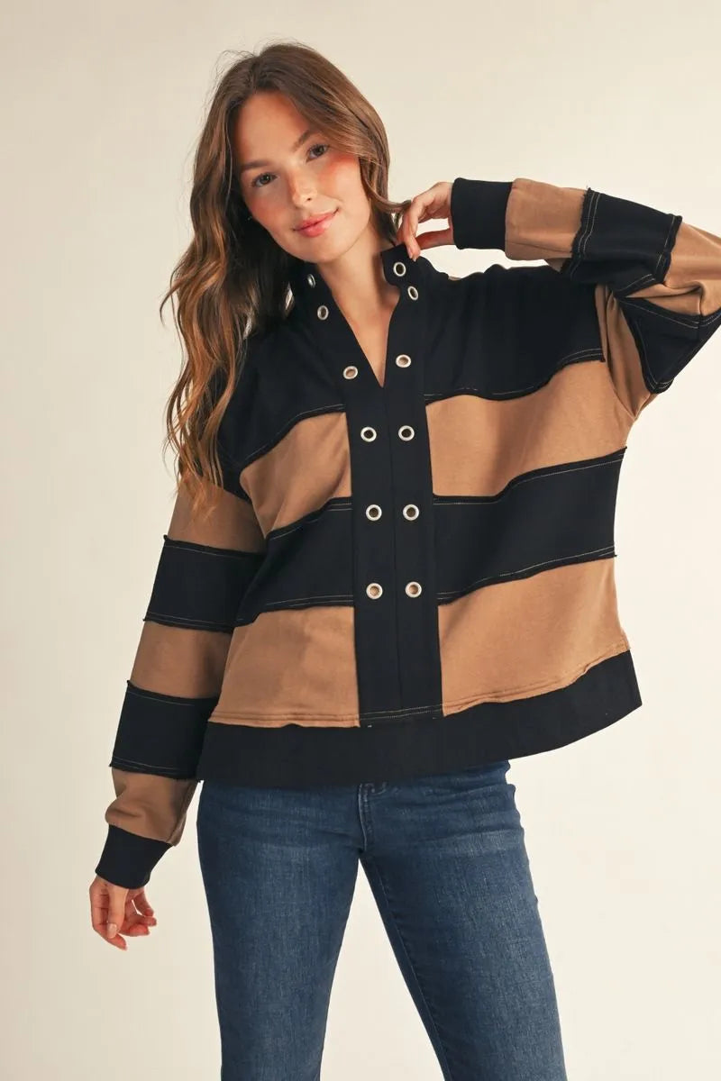 Long Sleeve Color Block Top with Grommetts