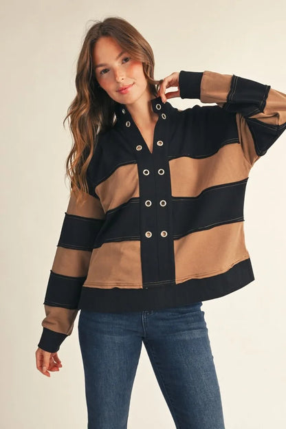 Long Sleeve Color Block Top with Grommetts