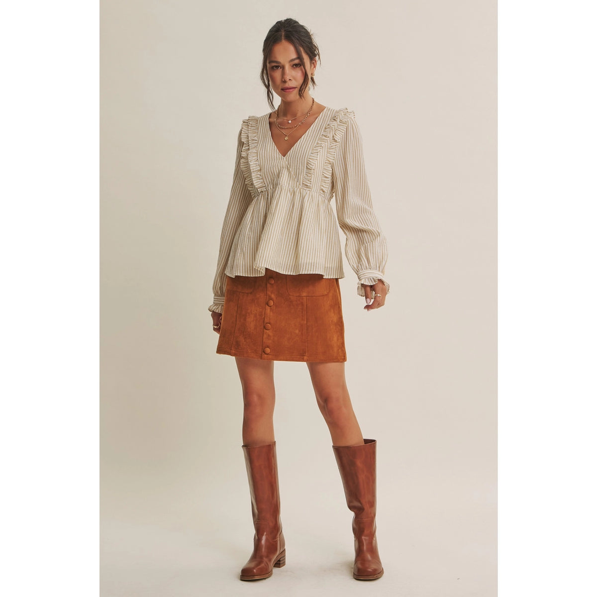 Camel Mini Suede Skirt with Button Detail