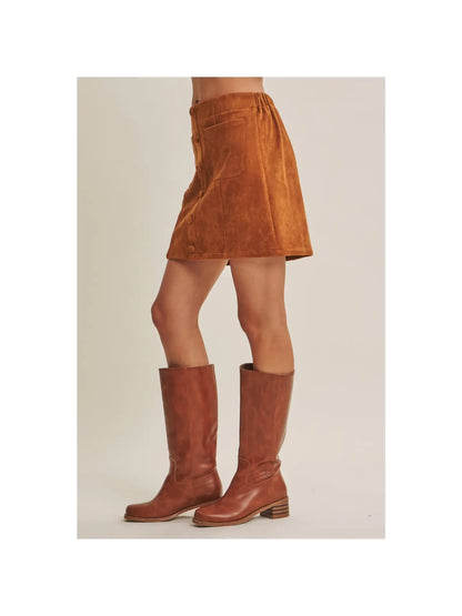 Camel Mini Suede Skirt with Button Detail