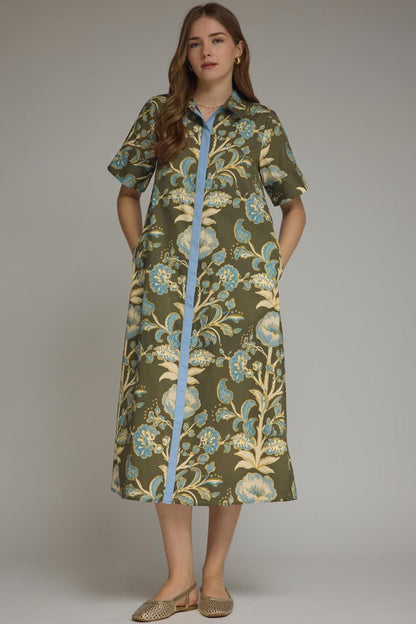 Floral Olive/Blue Midi Dress