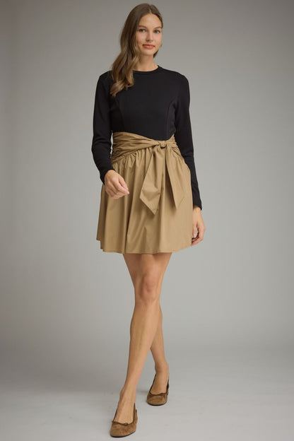 Long Sleeve Dress with Tie Detail and Woven Skirt
