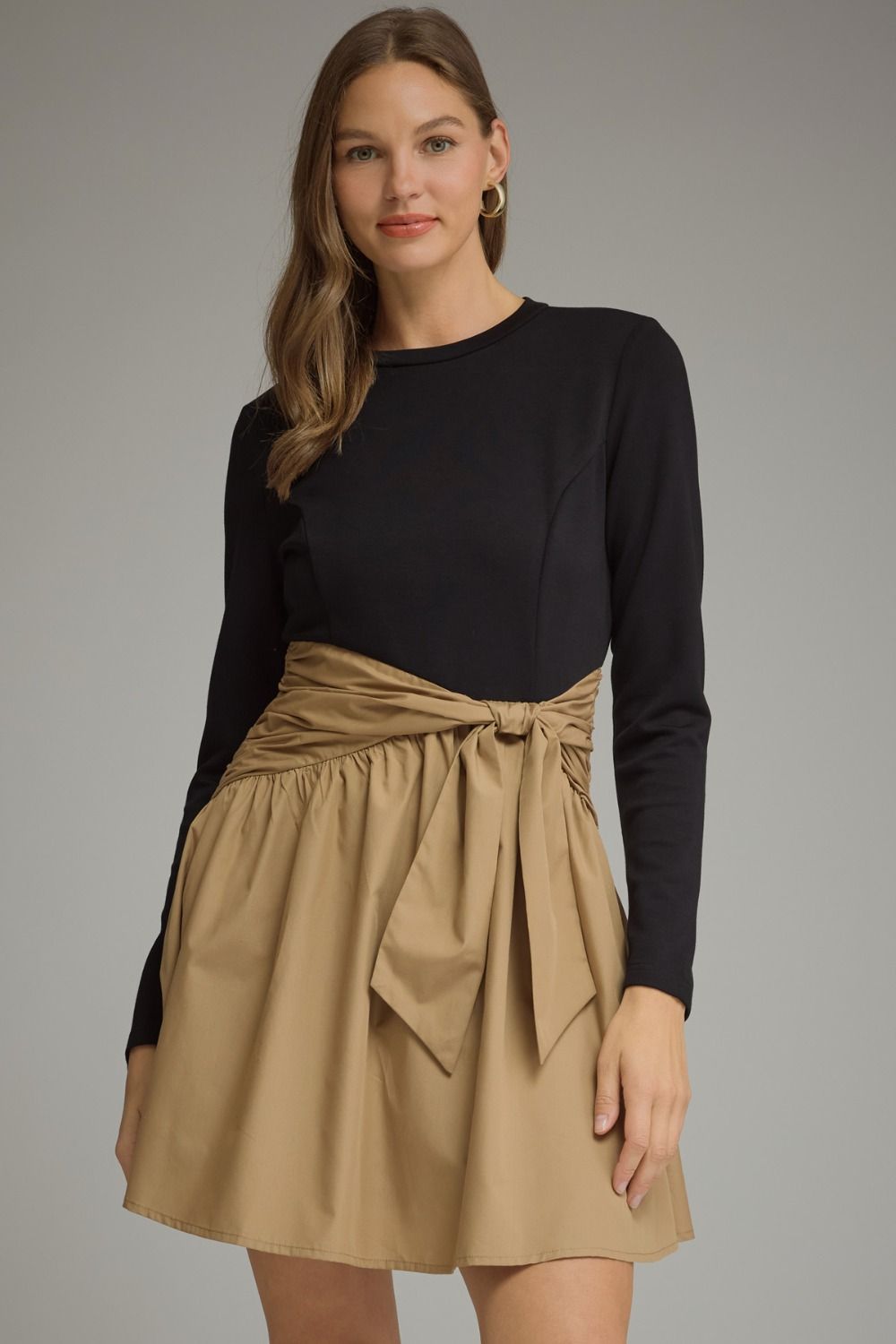 Long Sleeve Dress with Tie Detail and Woven Skirt