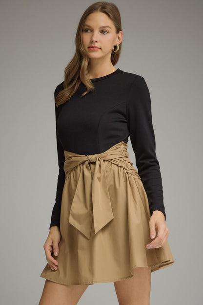 Long Sleeve Dress with Tie Detail and Woven Skirt