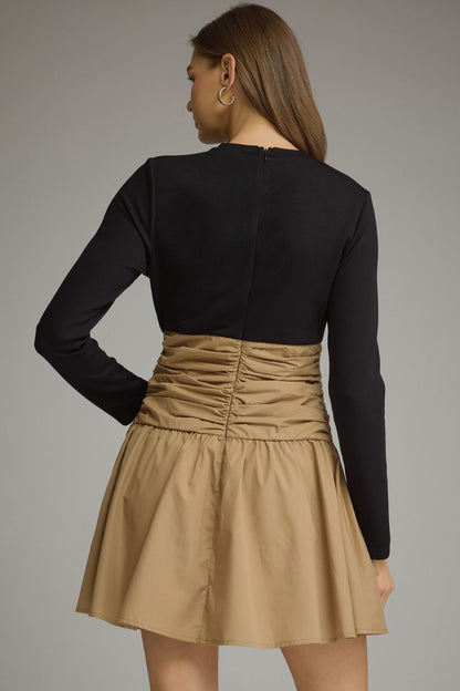 Long Sleeve Dress with Tie Detail and Woven Skirt